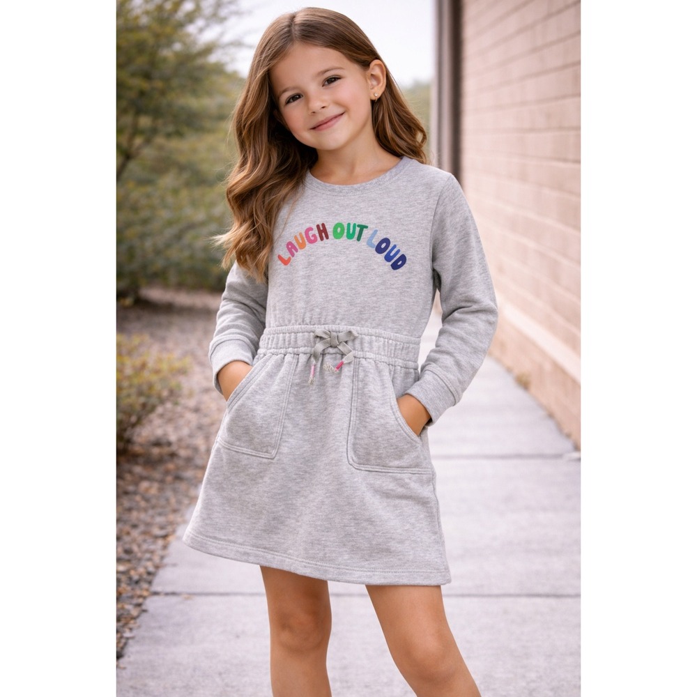 Boden Laugh Out Loud Sweatshirt Dress Girls 5 6 Y Grey cotton rainbow